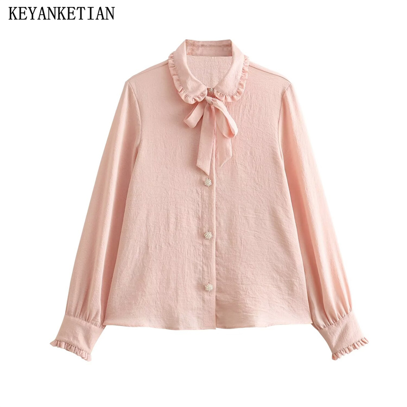 Keyanketian-Top de manga comprida feminino, botão pérola artificial, decoração do laço, camisa rosa doce, blusa fina, novo lançamento