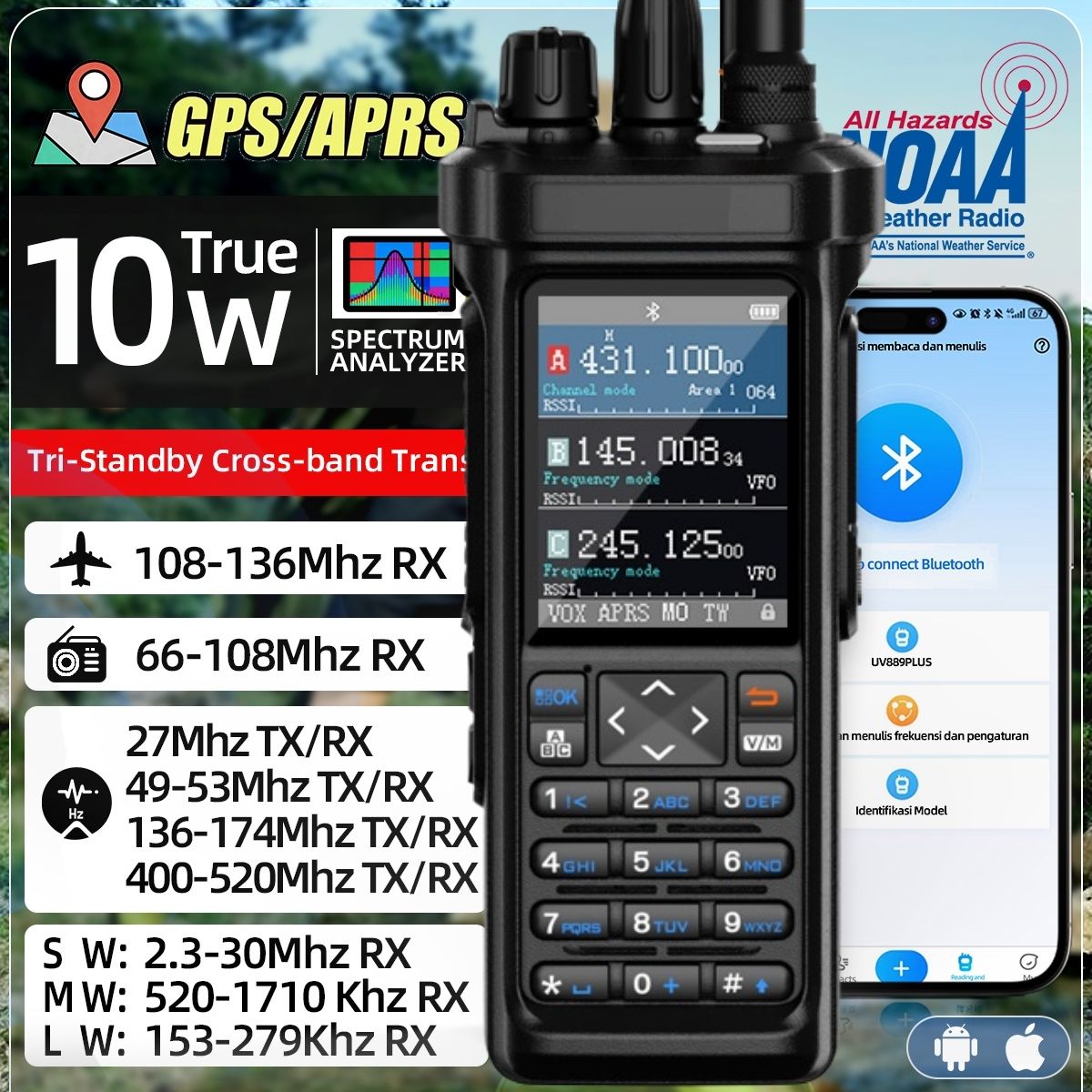 GPS APRS Walkie Talkie Long Range 10W Professional Walkie Talkie Shortwave HF Radio VHF UHF AM/FM/CB/LSB/USB/CW Radio 889PLUS