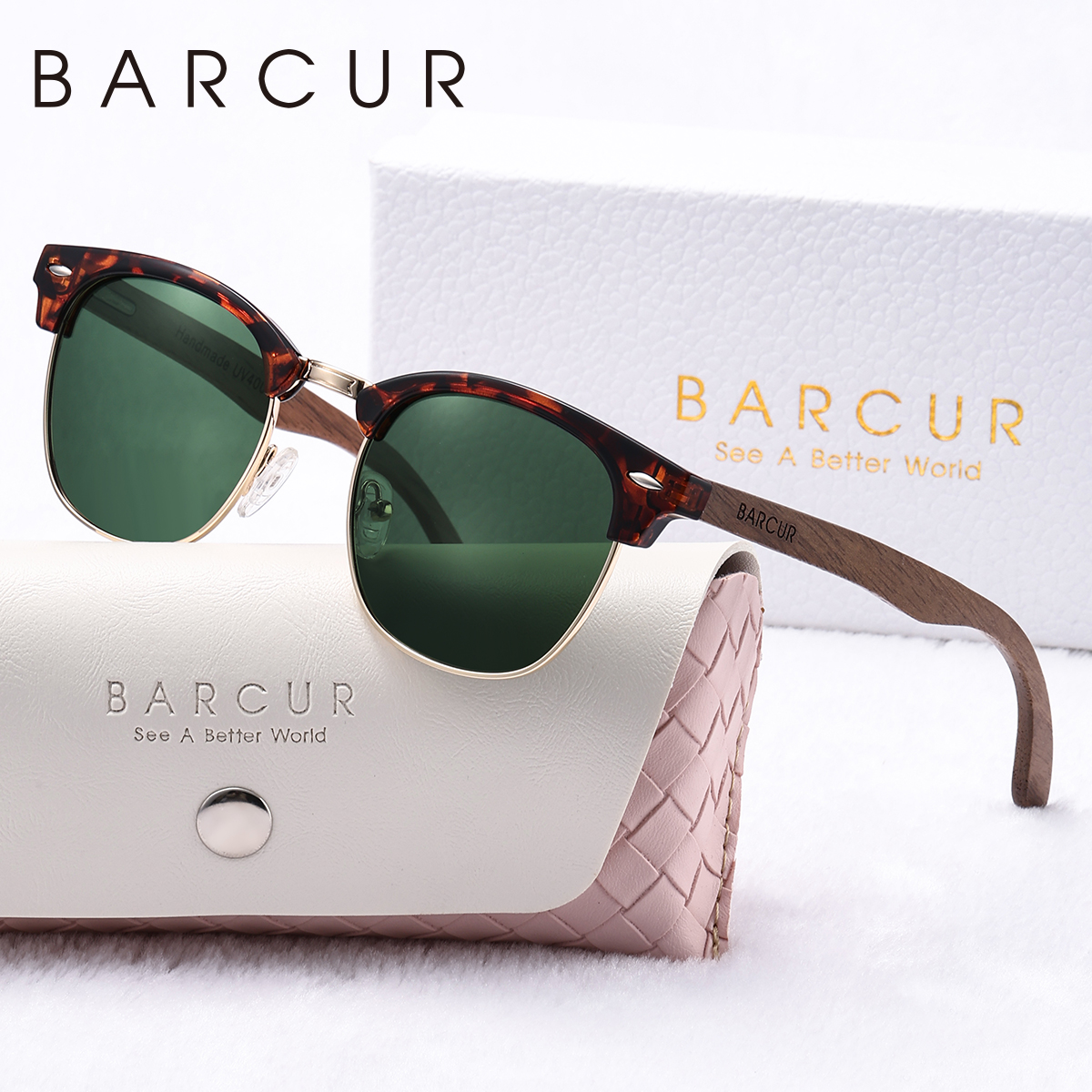 BARCUR Brand Unique eyebrows Polarized Sunglasses PC+Metal Frame Rice Nail Fashion Design Natural Walnut Foot Couple Sunglasses