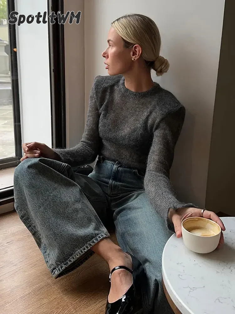 Suéter de punto fino con cuello redondo para mujer, Jersey ajustado elegante de manga larga, prendas de vestir de calle para ir al trabajo, moda de otoño 2024