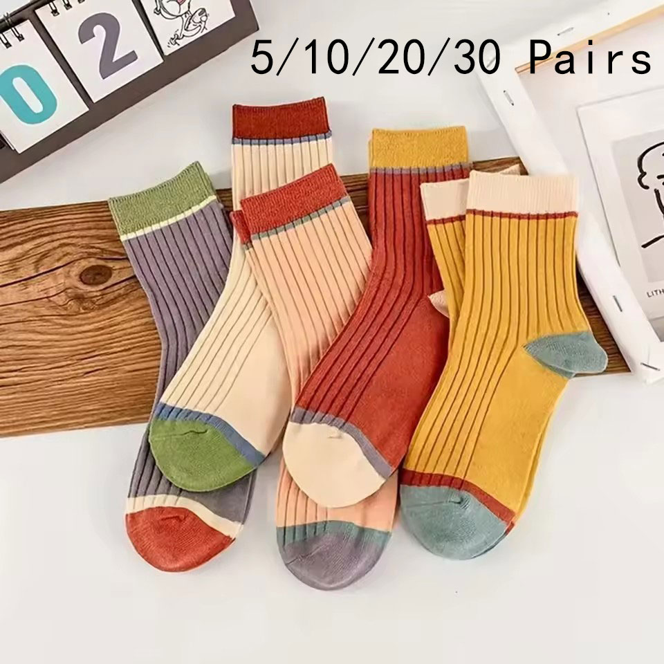 5/10/20/30 pares de calcetines de mujer con franjas de Color caramelo lindos calcetines Kawaii de longitud media Harajuku Otoño e Invierno calcetines suaves transpirables