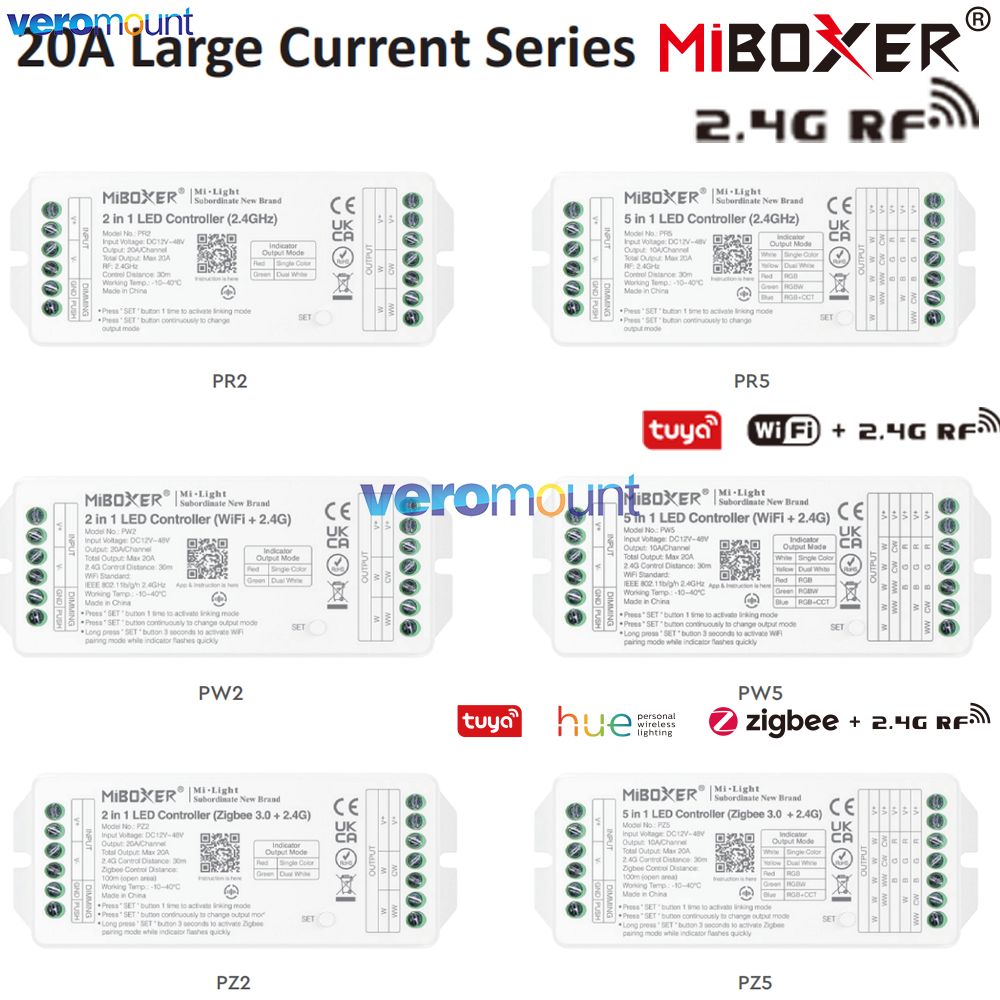 Controlador LED MiBoxer ZigBee 3.0 / WiFi / 2.4G RF 2EN1 5EN1 Máx. 20A Para Tiras LED de un Solo Color / Blanco Dual / RGB / RGBW / RGB+CCT