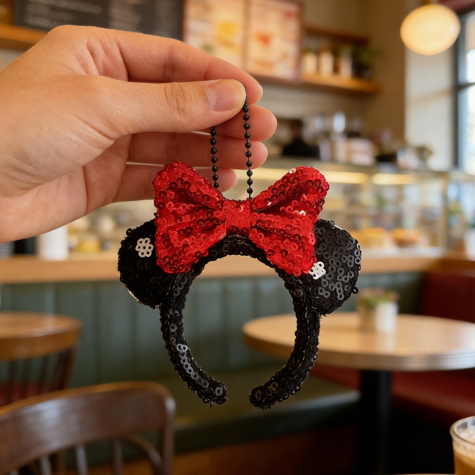 1 szt. Disney Mini Zawieszka Ozdobna do Włosów z Cekinami, Kokardką, Uszami Myszki, Dekoracja na Torbę, Obiektyw Aparatu, Wykwintny Prezent, Akcesorium do Włosów dla Dziewczynki, Breloczek