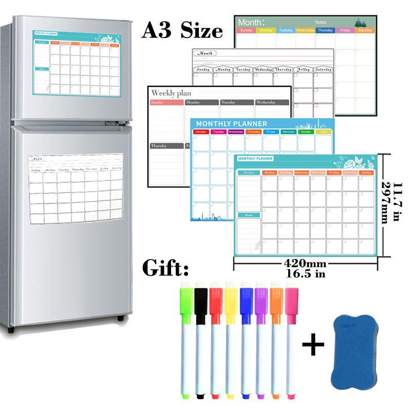 A3 Taille Réfrigérateur Magnétique Mensuel Planificateur Hebdomadaire Calendrier Tableau Effaçable À Sec Tableau Blanc Calendrier Autocollant Frigo Babillard