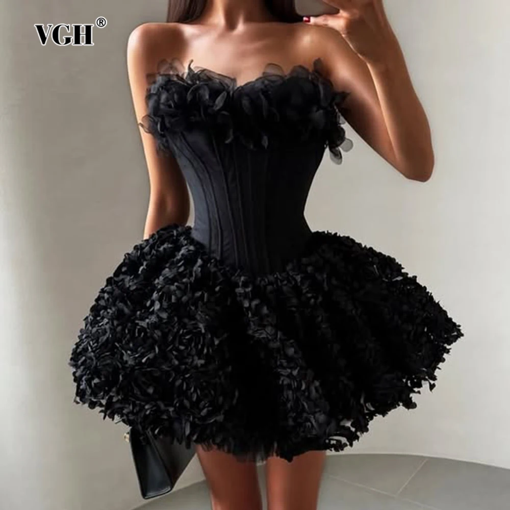 VGH Vestido Mini Floral 3D Sexy para Mujer, Escote Corazón, Sin Mangas, Túnica con Diseño de Espina de Pescado, Falda Coqueta para Fiesta de Cumpleaños, Ropa Femenina