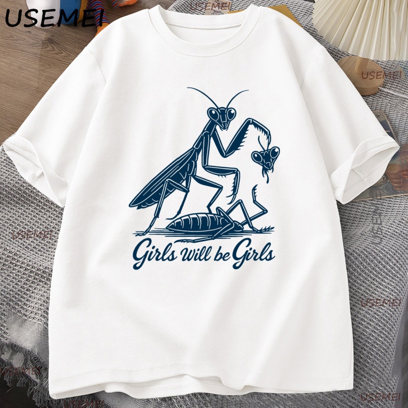 Girls Will Be Girls Grafik-Sweatshirt, lustiges feministisches T-Shirt, Praying Mantis Print Shirt, lässiges Statement-Top-Shirt für Frauen