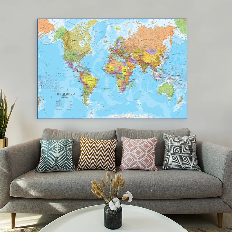 World Map Poster In English Detailed Wall Decor Clear Printed Canvas Paintings Office Home School Supplies 150*100cm