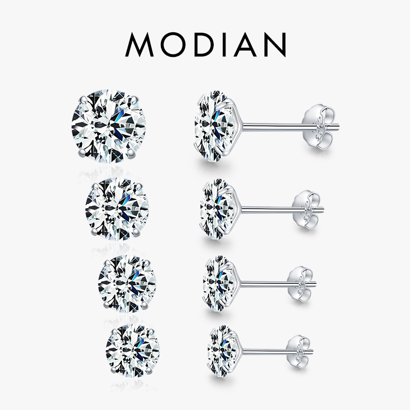 Modian Funkelnde klare CZ Ohrstecker 925 Sterling Silber Runde Zirkonia 4 MM 5 MM 6 MM 7 MM Ohrringe für Frauen Hochzeit Schmuck