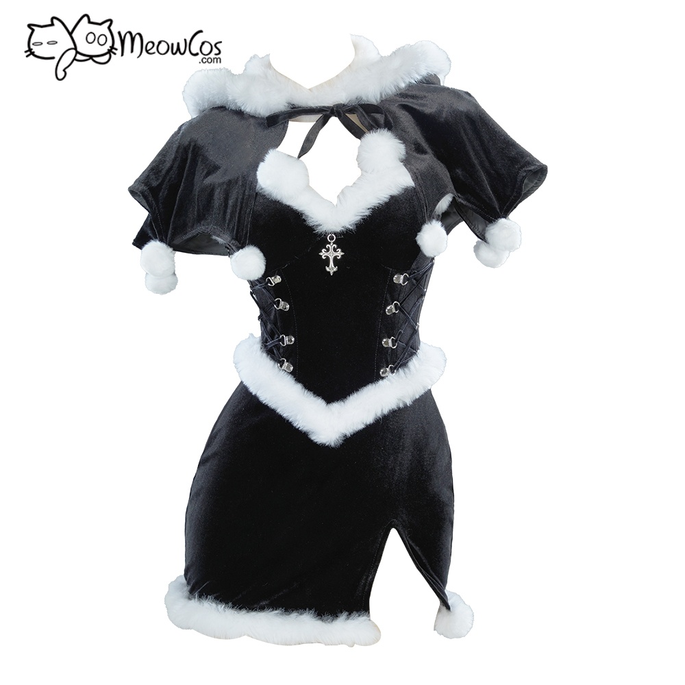 Stock de EE. UU.-MEOWCOS disfraz de Cosplay de Navidad para mujer, conjunto de vestido negro gótico, vestido peludo estilo bruja oscura con capa, sombrero, guantes