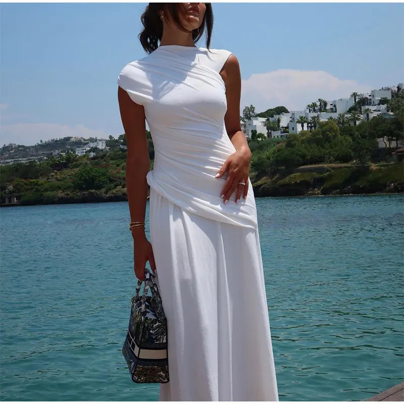 Fashion O Neck Sleeveless Bodycon Dresses Women Elegant White Pleated Irregular Dress 2024 Chic Summer Female High Street Robes