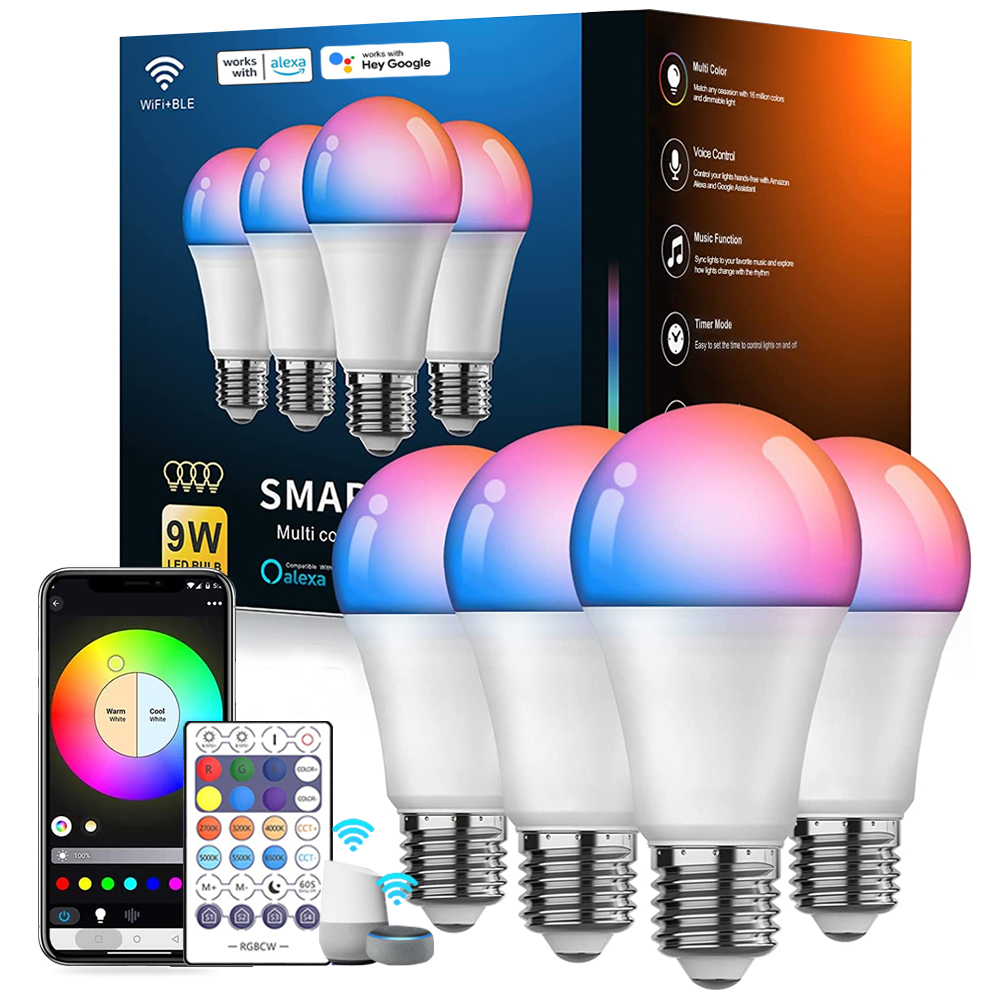LED スマート電球 A19 E26/E27 色変更 LED 電球、音楽同期 WiFi および BLE 5.0 調光可能な RGB スマートホーム照明