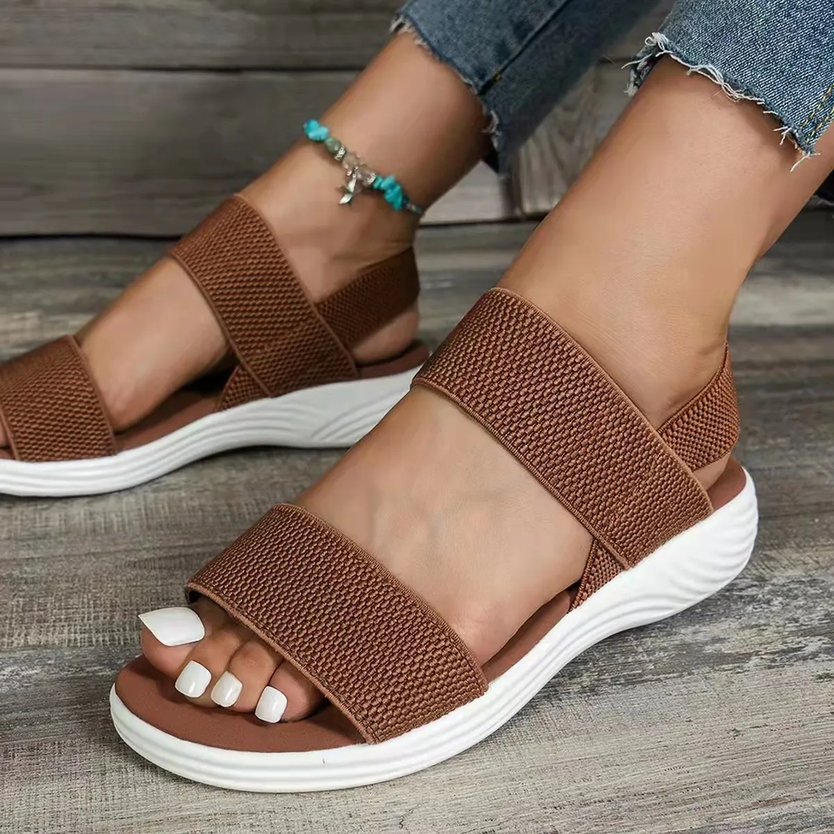 Sandali con zeppa in tessuto elastico lavorato a maglia da donna Slip On Sandali da passeggio leggeri Donna Taglie forti Scarpe estive comode Donna 2024