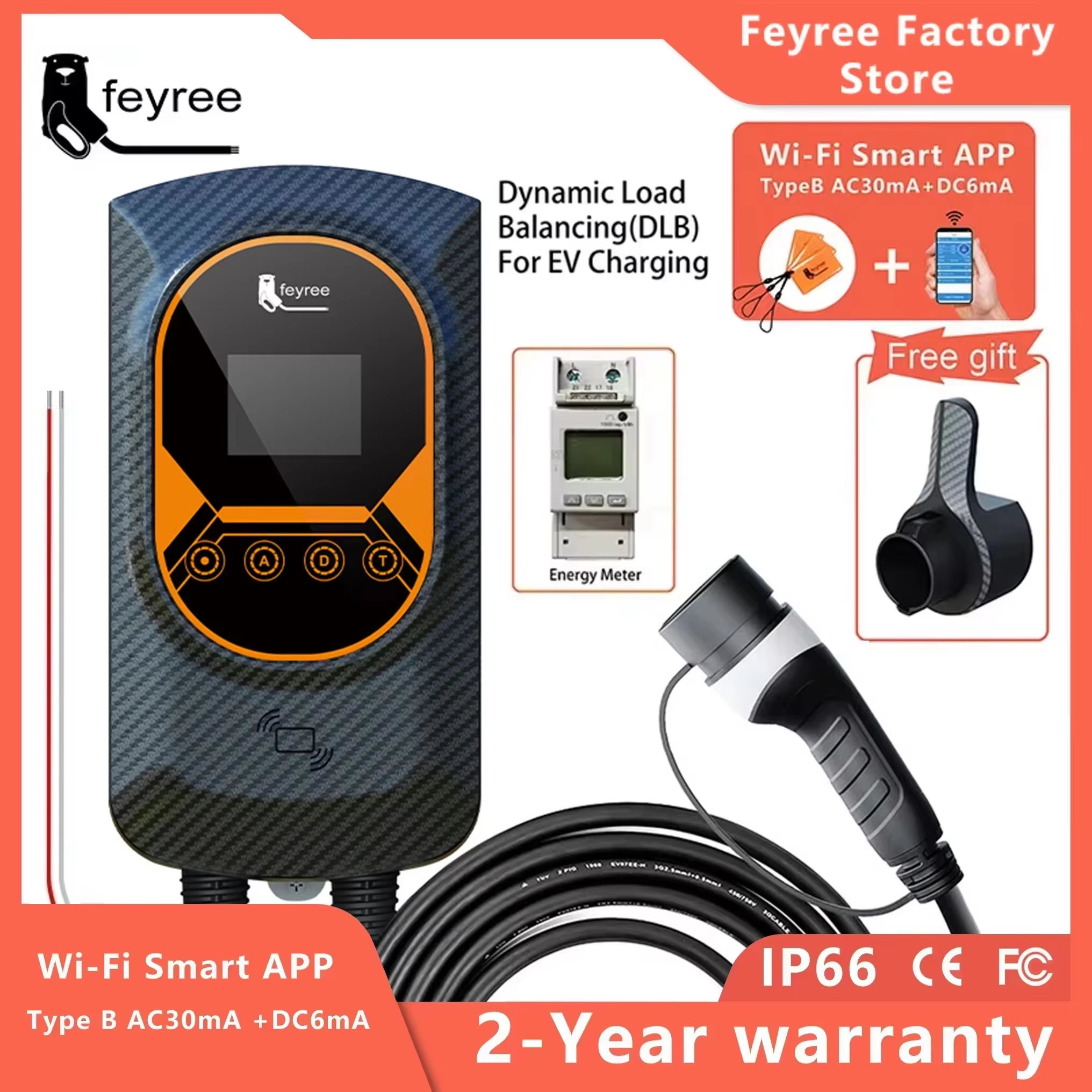 Kabel do ładowania EV Feyree Typ 2 32A 7.6KW z dynamicznym równoważeniem obciążenia, stacja ładowania EVSE Wallbox z funkcją aplikacji, 11KW 22KW, stacja ładowania samochodów elektrycznych