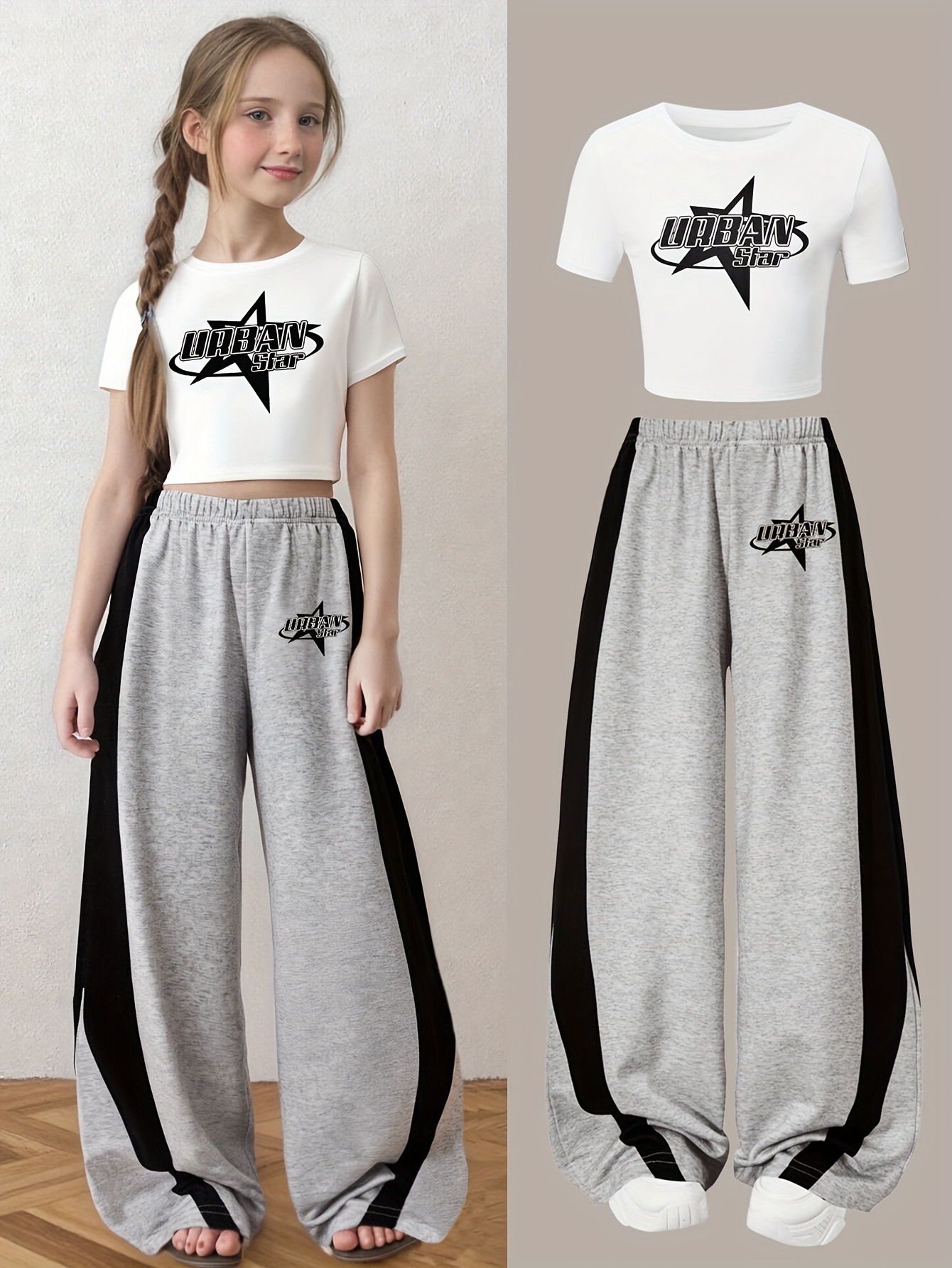 Conjunto de 2 peças para meninas com estampa de camiseta cropped e calça de moletom de perna larga com bloco de cores, roupa casual de streetwear
