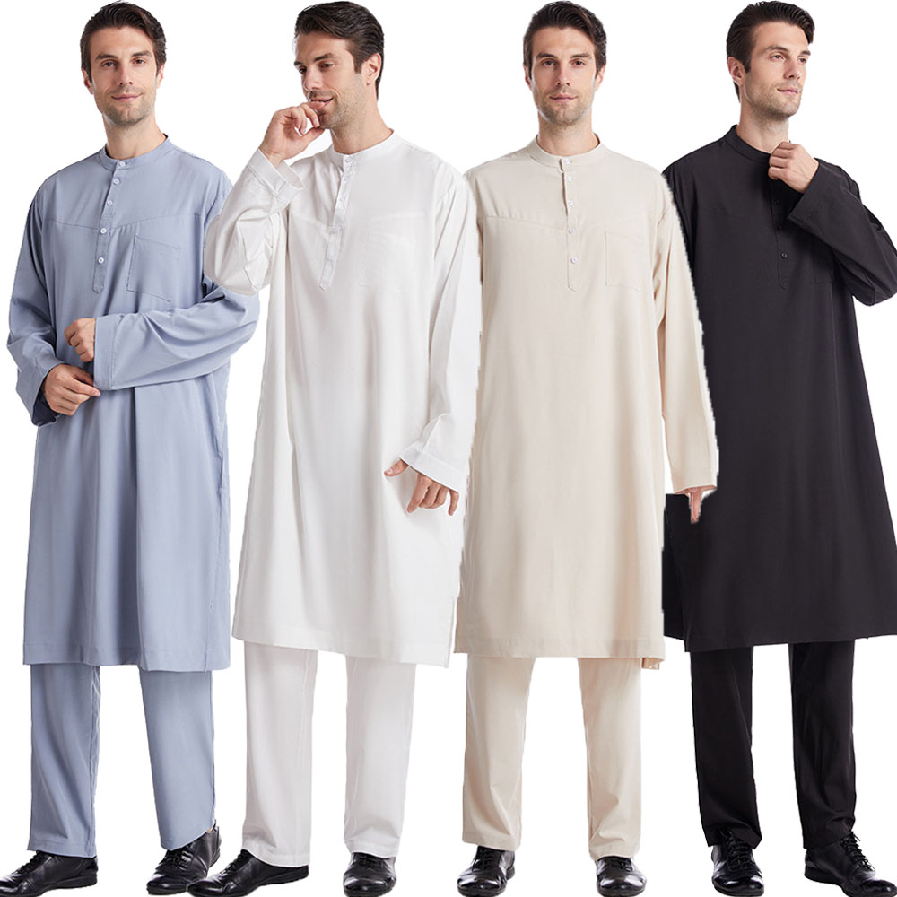 Dubai 2pcs Set Men Saudi Jubba Thobe Thoub Kaftan Arabic Islamic Muslim Robe Long Pants Abaya Dress Dishdasha Mens Clothing Suit