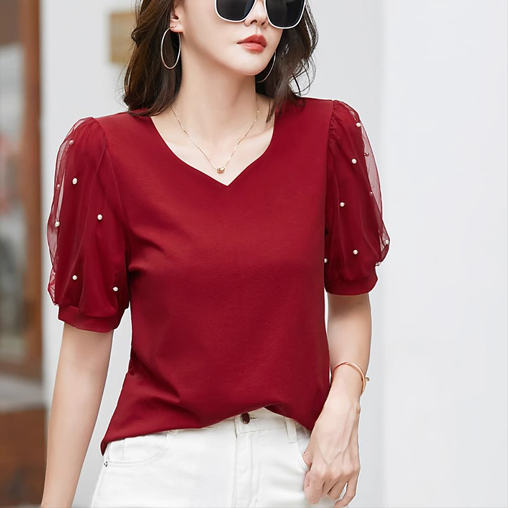 Europese Station Korte Mouw T-Shirt Dames Zomer Nieuwe Mode Licht Luxe Katoen Losse V-Hals Casual Top