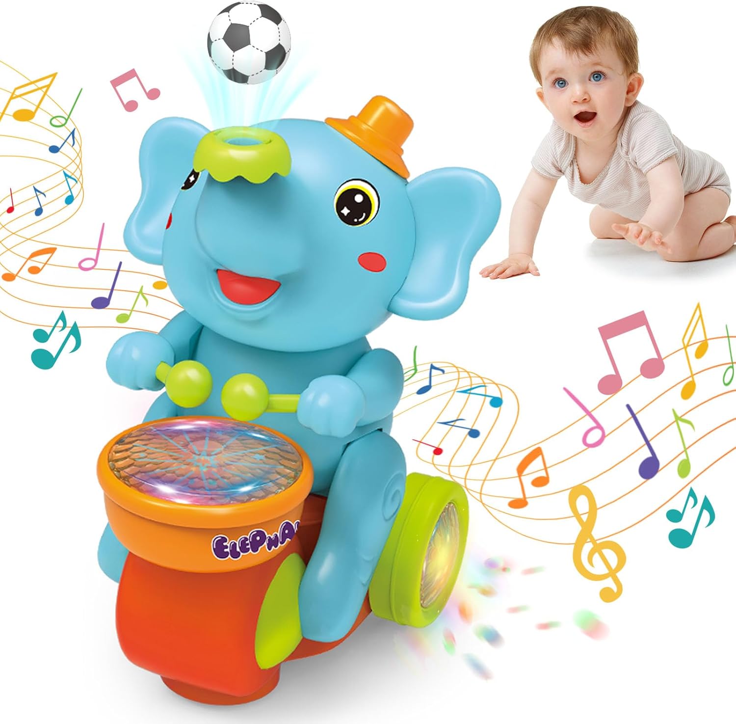 Giocattolo strisciante per bambini: batterista elettronico con elefante ambulante con palla galleggiante, luci a LED, musica e suoni |   Giocattolo sensoriale interattivo