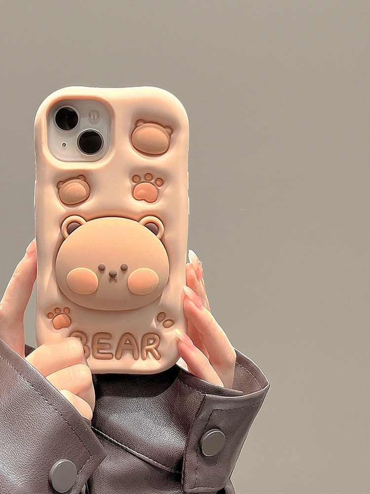Custodia per telefono in silicone con supporto nascosto orso 3D adorabile per iPhone 11 12 13 14 15 16 Pro Max XS XR X 7 8 Plus Cover per ragazza carina