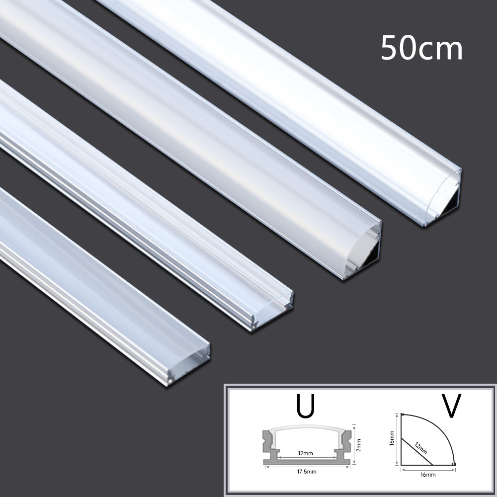 Canal de aluminio LED 0,5 m para tira de LED 3528, 5630, 5050, forma de U/V, cubierta blanca lechosa/cubierta transparente, perfil de aluminio led