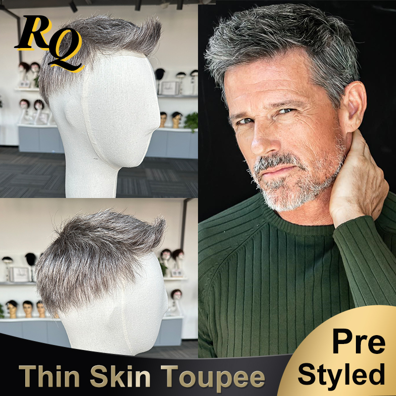 Pré corte estilo peruca de cabelo masculino pele fina v loop sistema de substituição de cabelo humano para homem 1b40 pedaço de cabelo protesis hombre peruca masculina