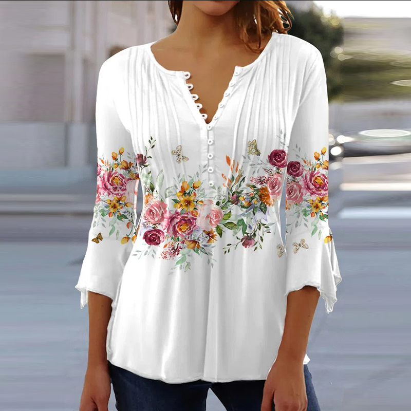 Camisas con estampado gráfico para mujer, Blusa de manga larga con cuello en V y botones, primavera y verano, 2023