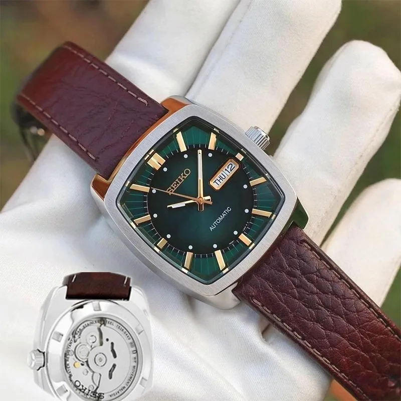 Seiko RECRAFT Автоматические мужские часы с зеленым циферблатом и коричневой кожей SNKP27 Ремонт 1:1