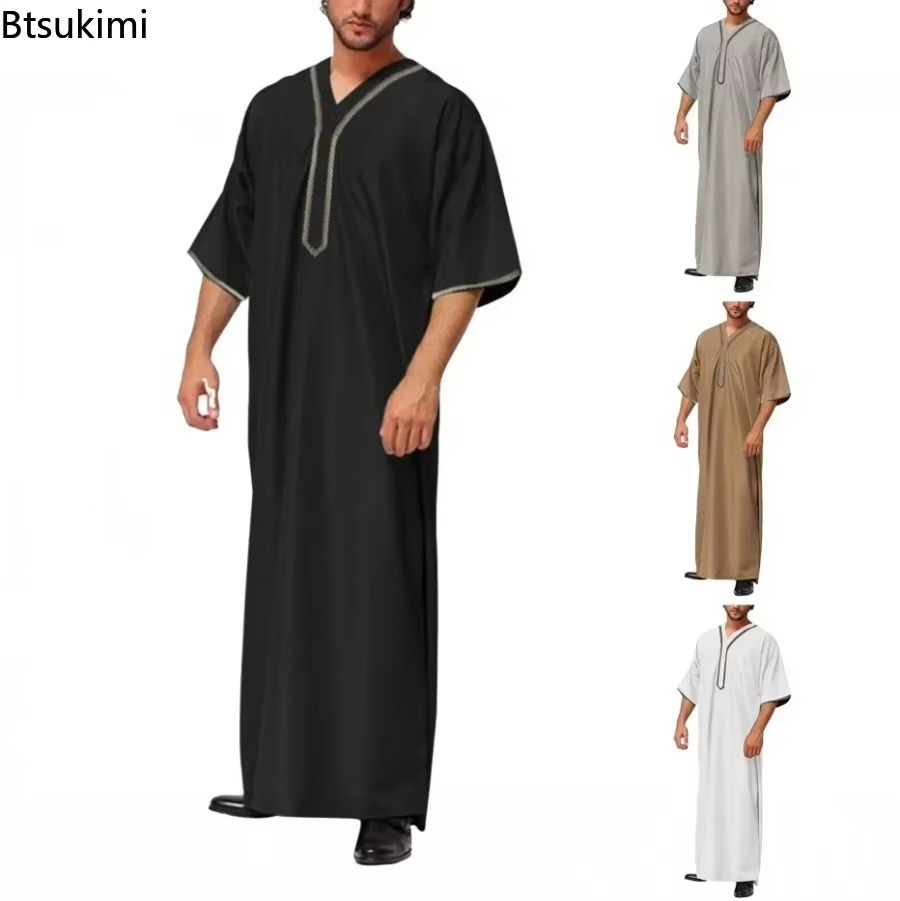 Caftán musulmán Vintage de media manga para hombre, batas de ocio con cuello en V, estampado de Jubba Thobe, ropa árabe de retales sólidos de talla grande S-5XL