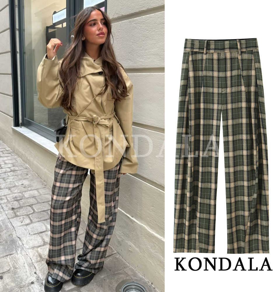 KONDALA Modne Spodnie w Kratę Damskie Casualowe Eleganckie Długie Spodnie w Stylu High Street na Wiosnę 2026, Eleganckie Spodnie do Pracy w Stylu Vintage