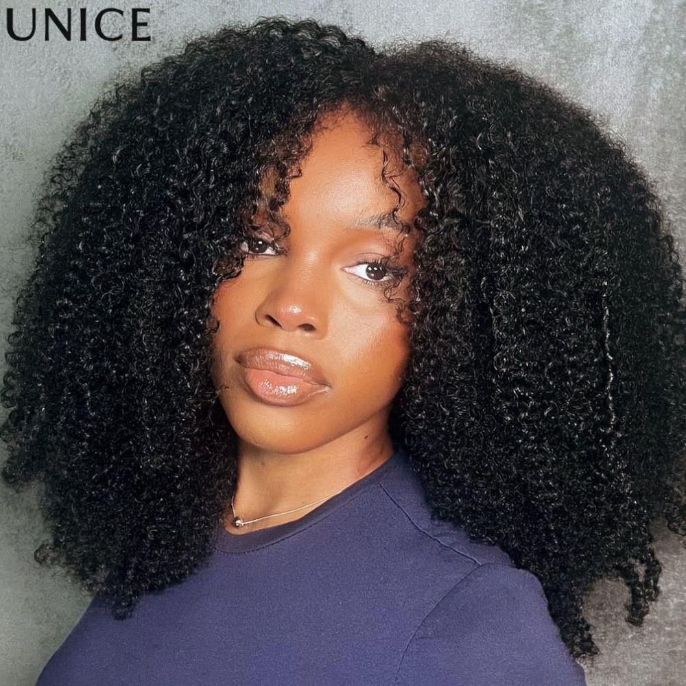 Perruque UNice Afro Kinky Curly V Part avec pointes bouclées à la main, densité 180%, noir naturel, 100% cheveux humains, convient aux débutants