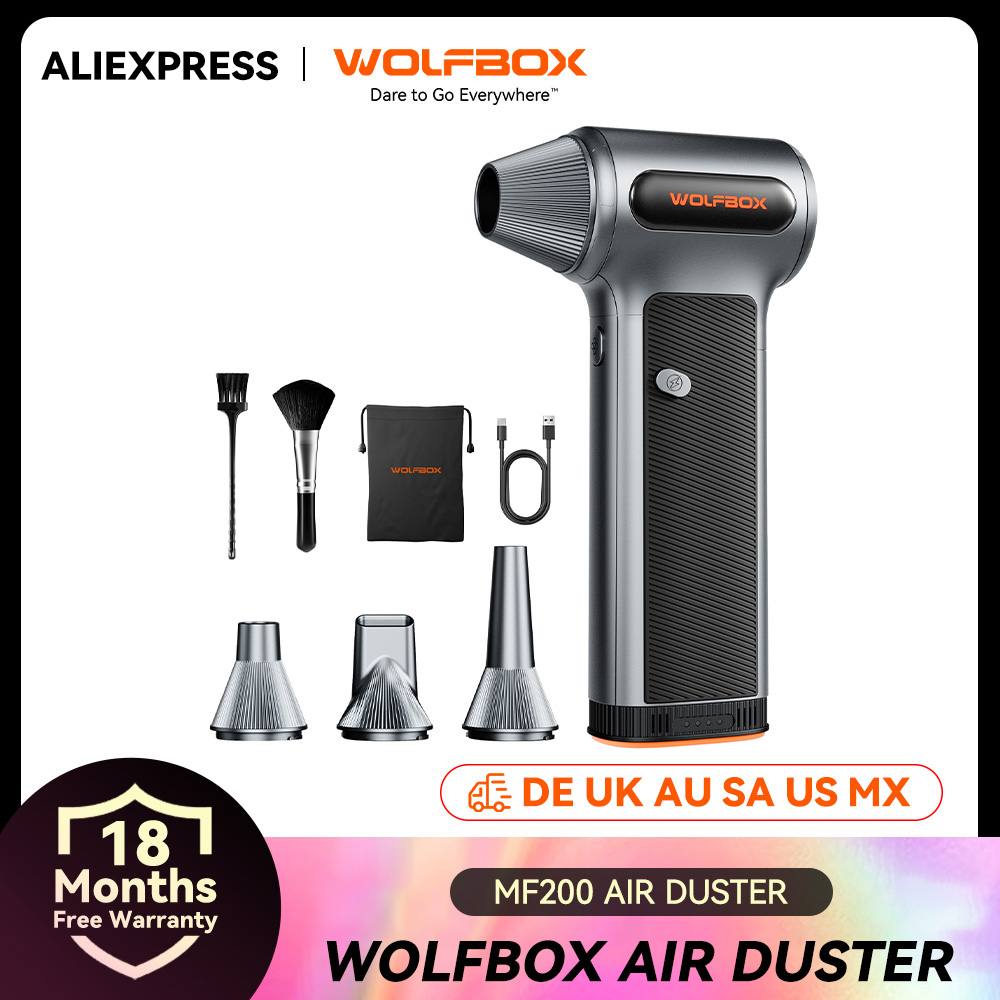 Soplador de Aire Eléctrico WOLFBOX MF200 - Presión de Aire de 320g, Motor sin Escobillas Recargable de 3 Velocidades para Auto/PC/Hogar/Exterior