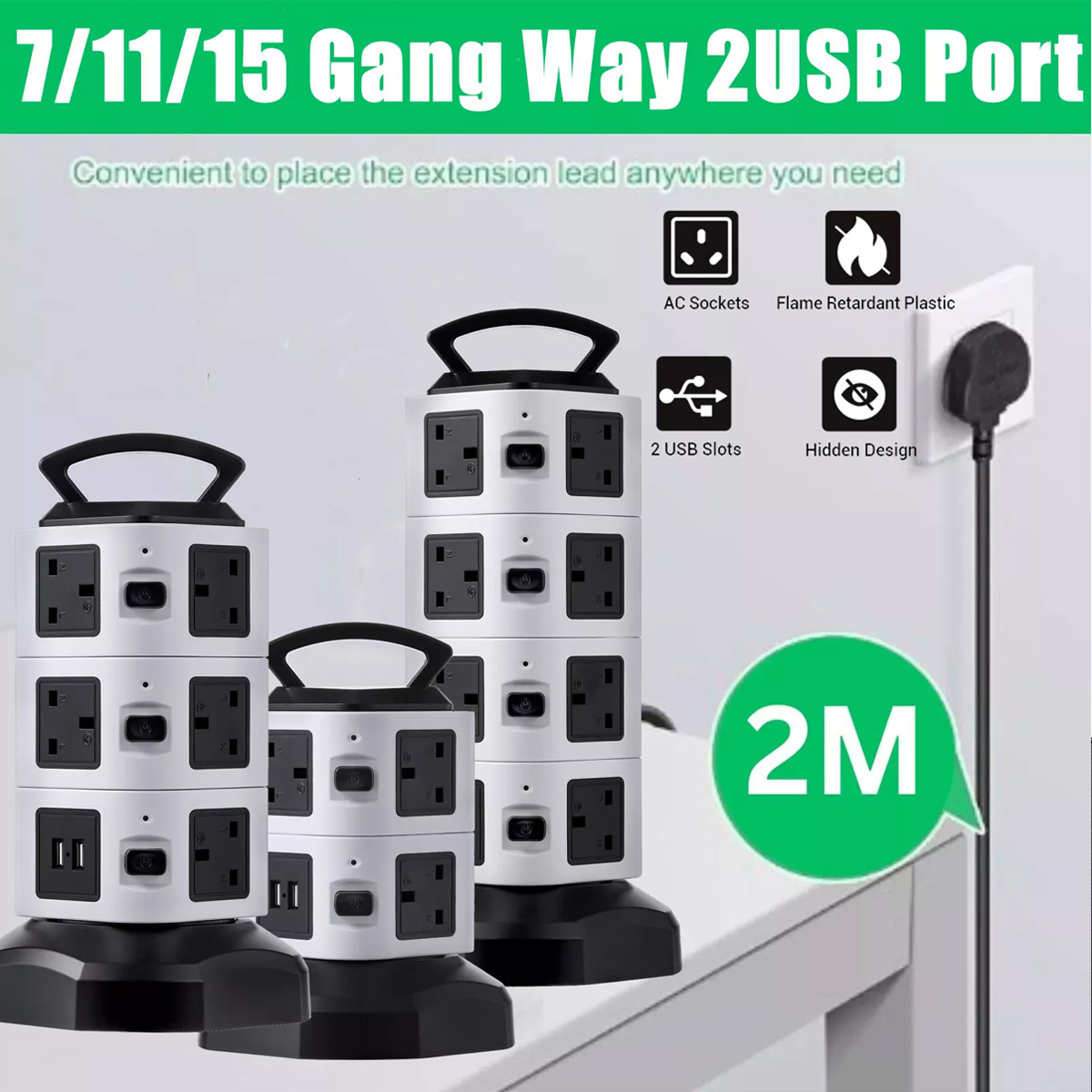 7/11/15 Manieren Toren Socket Overspanningsbeveiliging Verticale Stekkerdoos UK Plug Multi Outlets met 2 USB 2 m Uitbreiding Voor Thuiskantoor
