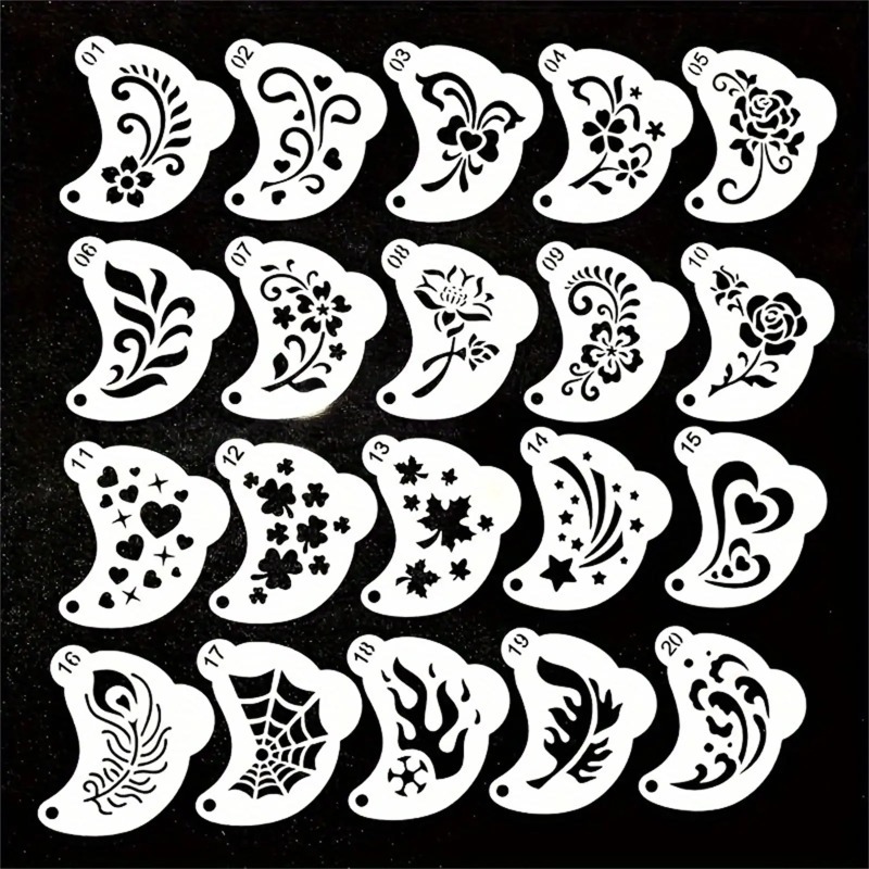 20 Peças de Estênceis Reutilizáveis para Pintura Facial - Plástico PET Durável, Lavável e Reutilizável com Desenhos Variados de Flores, Teias de Aranha e Corações