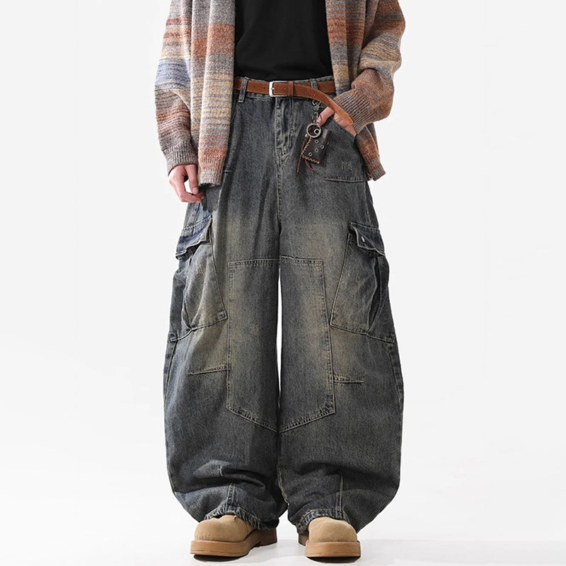 Retro multi-pocket gebogen mesjeans herfst en winter vintage wijde pijpen werkkleding broek Koreaanse versie high street herenjeans