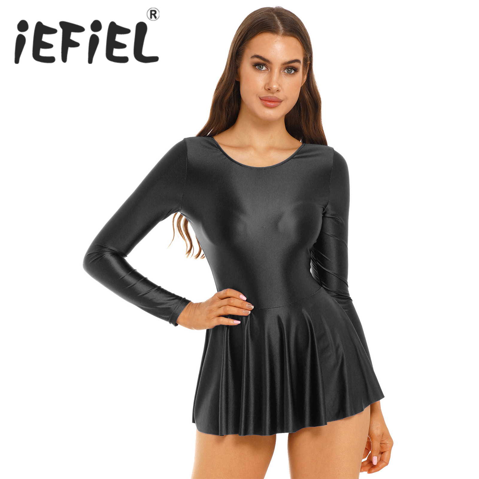 Womens brilhante manga longa babados vestido cor sólida collant vestidos para esportes ginástica treino ballet dança banho de natação