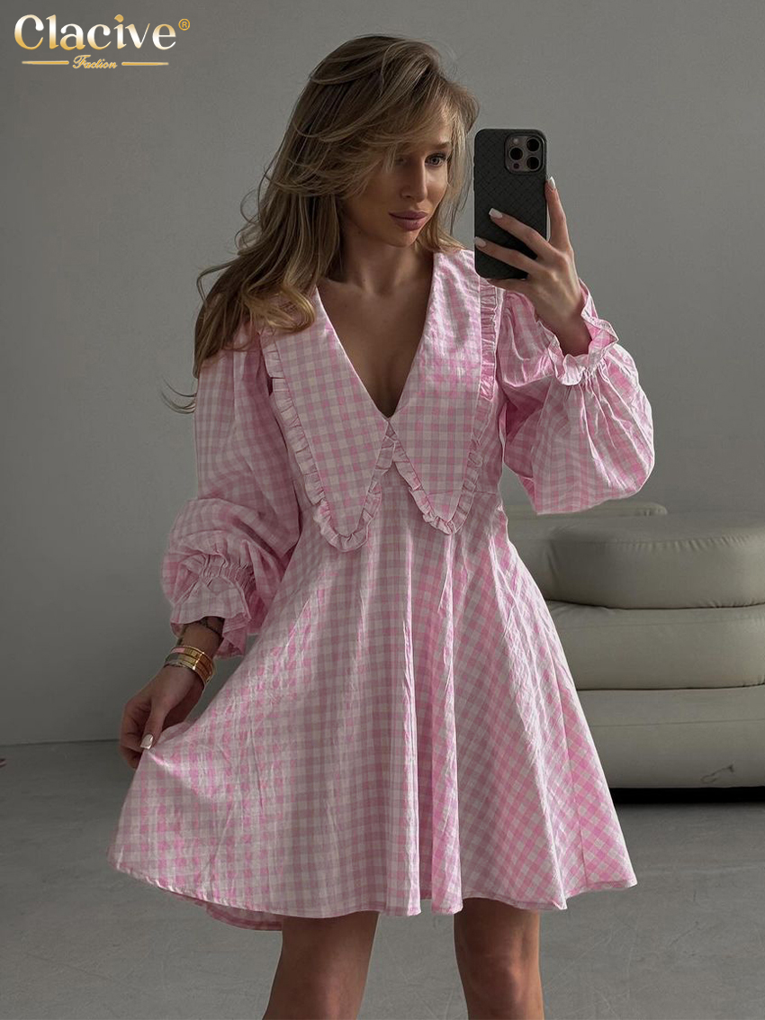 Clacive-vestido de algodón a cuadros para mujer, minivestido holgado de manga larga con cuello de muñeca, informal y clásico, a la moda