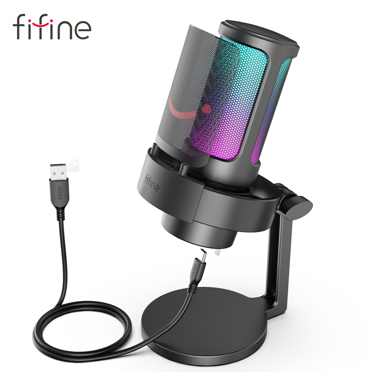 Mikrofon FIFINE USB do nagrywania i strumieniowego przesyłania na PC/Mac z filtrem pop, szybkim wyciszeniem i gniazdem mikrofonowym 3,5 mm, mikrofon z 3 trybami RGB -A8 ﻿