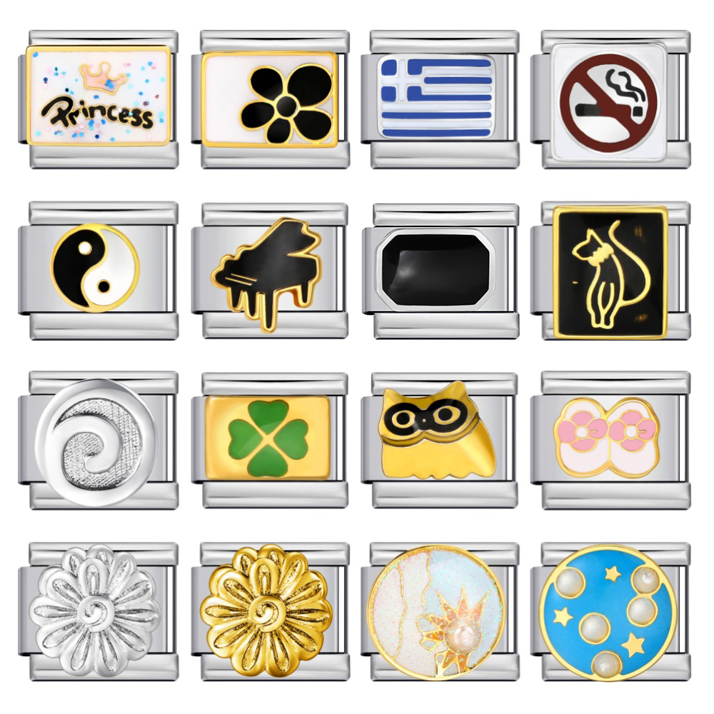 Couleur or Y2K hibou Logo chrysanthème breloques lien italien en acier inoxydable 9mm pour femmes hommes chaîne à main bricolage fabrication de bijoux à la mode