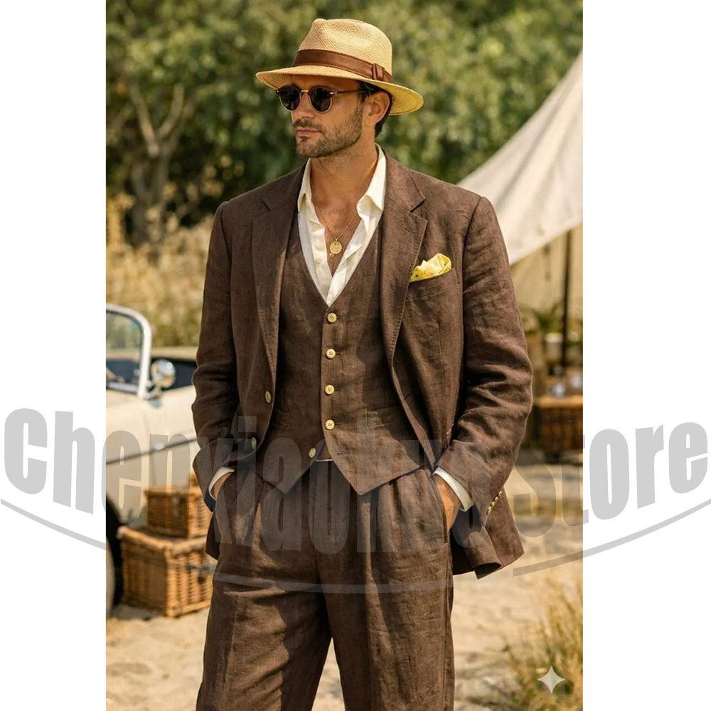 Chic Linen Men Suit 3 Piece Single Breasted Slim Fit Outfit Summer Beach Party Formal Wedding Groom Tuxedo (Blazer+Pants+Vest)