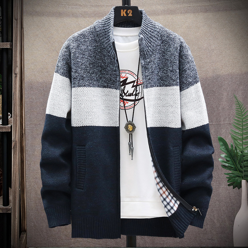 Herbst Winter Strickjacke Pullover Männer Fleece Zipper Pullover Samt Kontrast Gestreiften Pullover Mäntel Casual Jacken