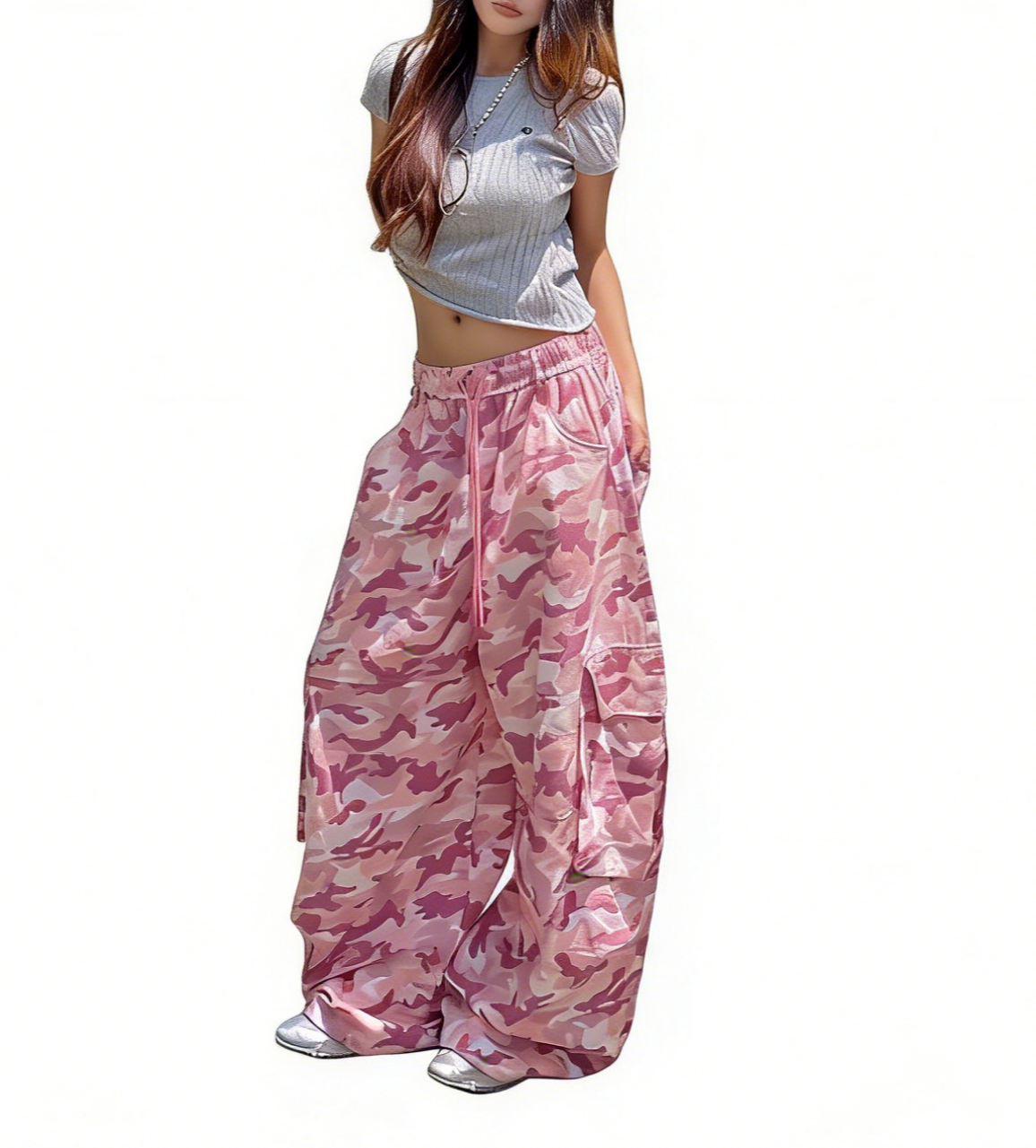 Unieke roze camouflage cargo broek, hoge taille, wijde pijpen, casual streetwear met trekkoord in de taille & zijzakken, hiphop dance