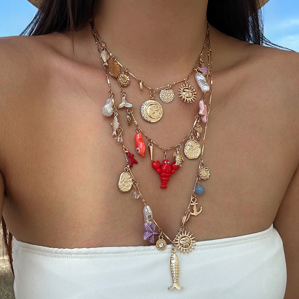 Salircon 3 sztuk/zestaw Vintage słońce księżyc Charm Choker naszyjnik dla kobiet modna rozgwiazda homar imitacja perły naszyjnik biżuteria na szyję