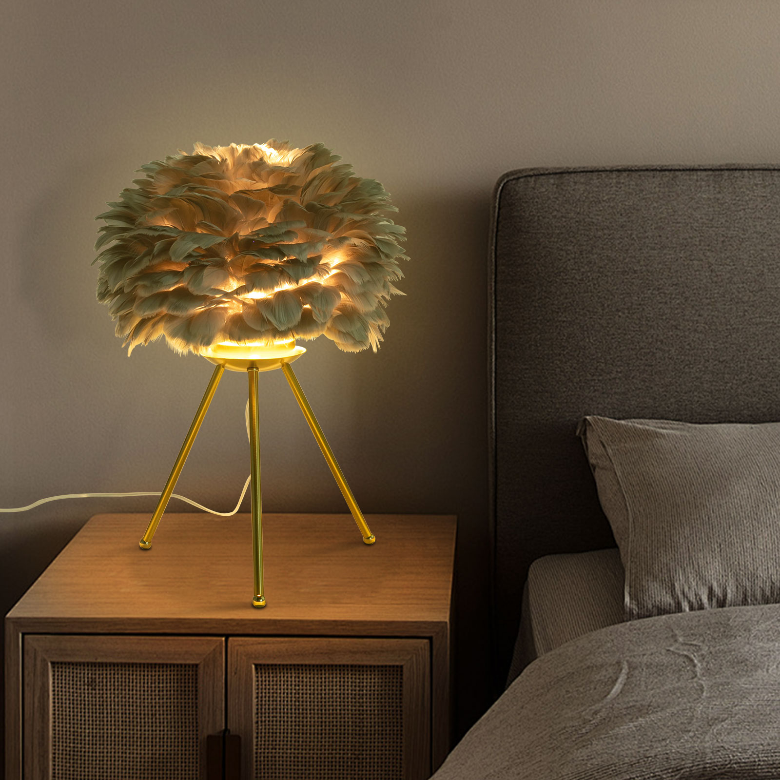 Schreibtischlampe mit grauen Federn, Stativlampe, geeignet für Studien, Wohnzimmer, Esszimmer, Cafés, Studios, Clubs
