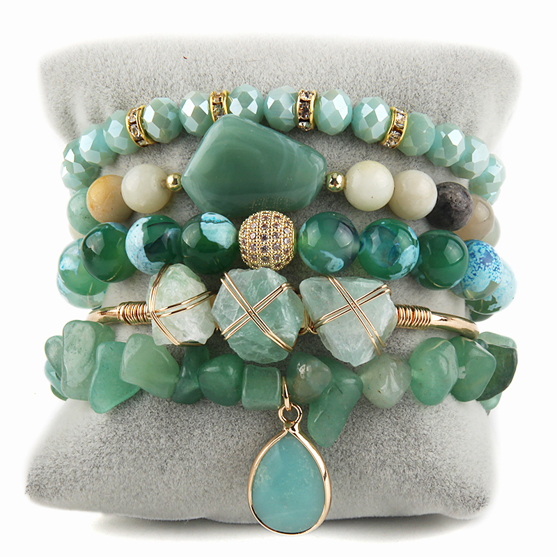 Mode Böhmen Schmuck Naturstein Charme 5pc Stapel Perlen Armbänder Armreif Set für Frauen Geschenk