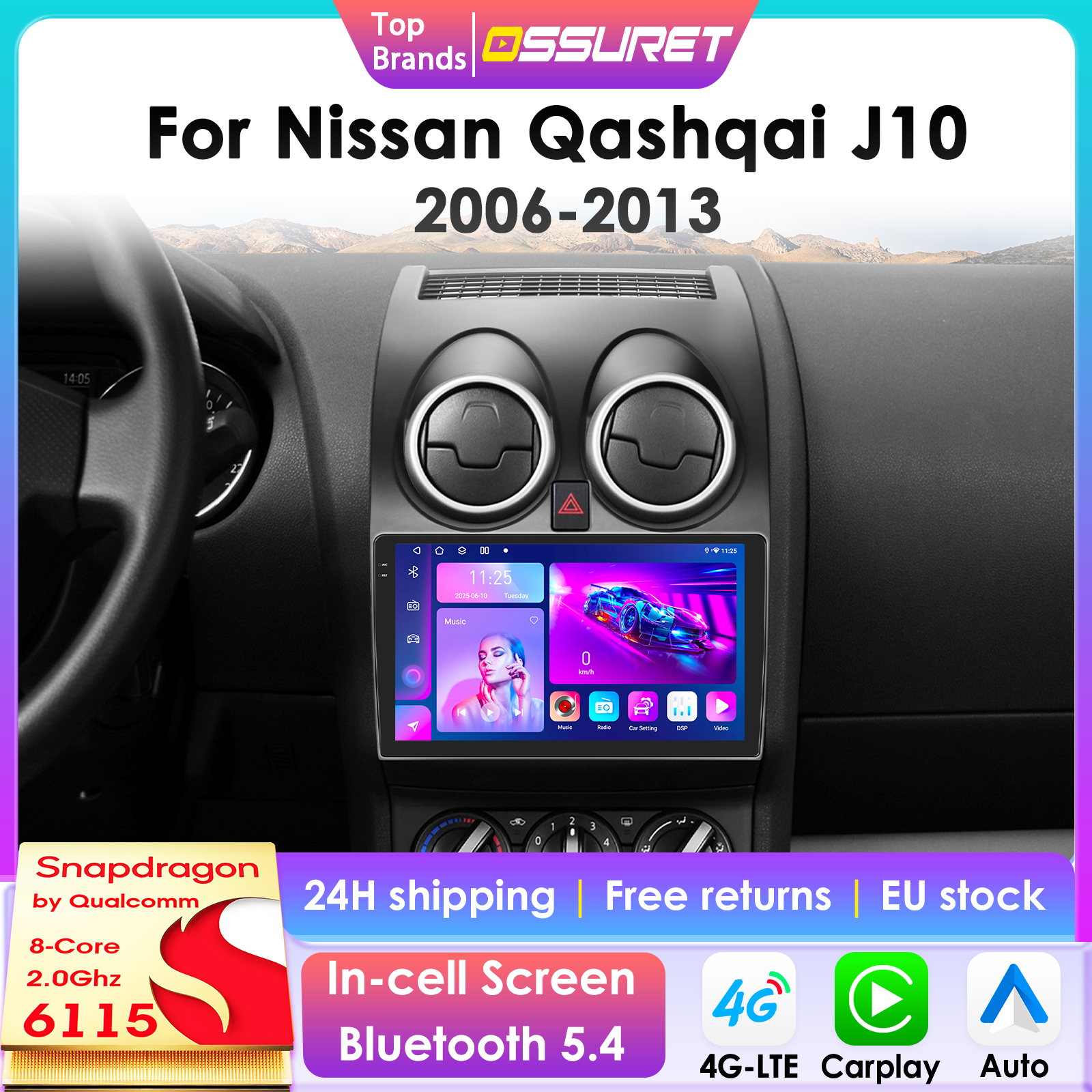 2 din Carplay Android Auto Radio para Nissan Qashqai J10 2006 - 2013 reproductor Multimedia GPS para coche 4G AutoRadio Snapdragon 6115