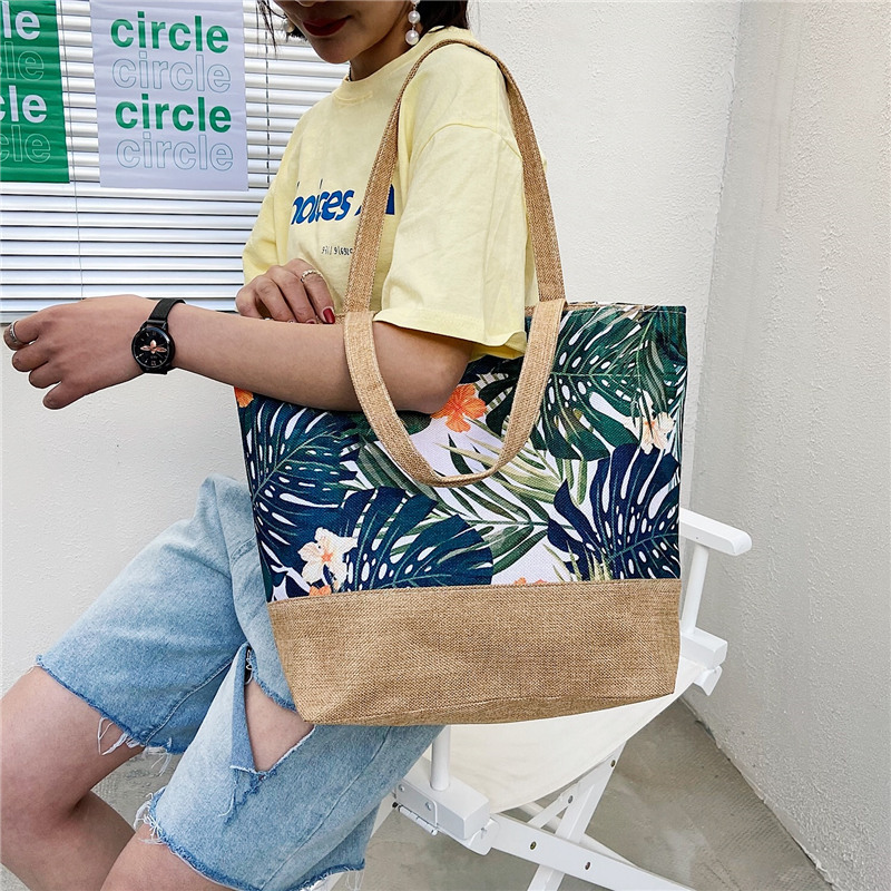 Bolso bandolera para mujer, bolsos de lona con estampado de hojas, bolsos de gran capacidad, bolso de hombro de playa con cremallera portátil a la moda 2022