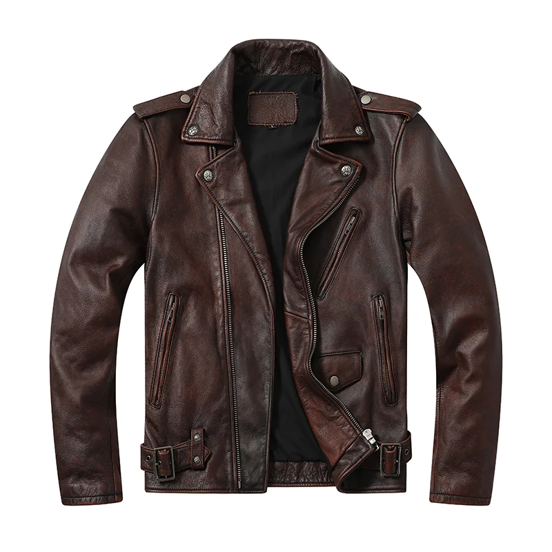 First Layer Cowhide Men's Motorcycle Riding Jacket Lapel Distressed Leather Jacket Slim Multi-Pocket Short Jacket