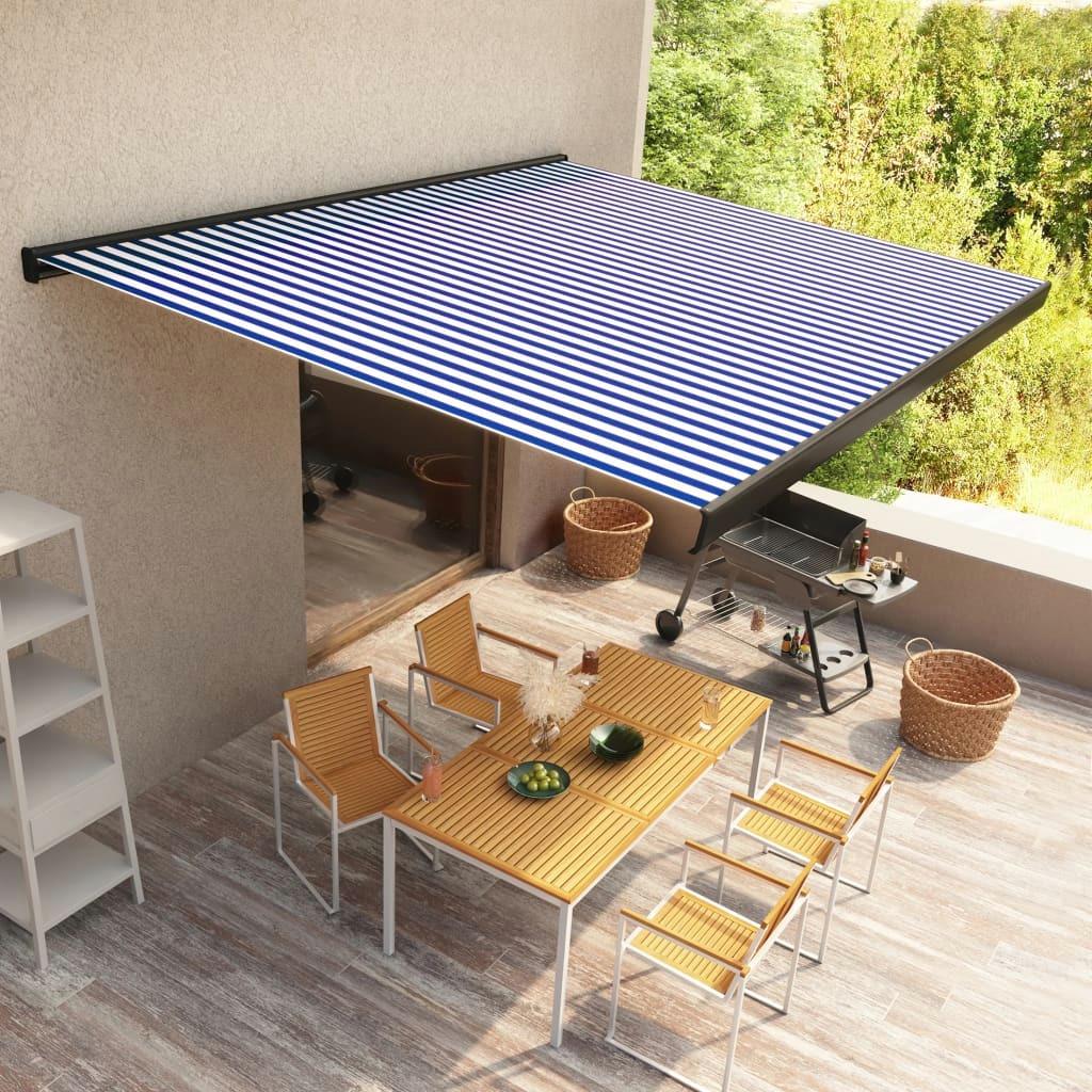 Markiza elektryczna zwijana 400x300cm niebiesko-biała, zewnętrzna osłona przeciwsłoneczna, baldachim, dekoracja ogrodu i patio.