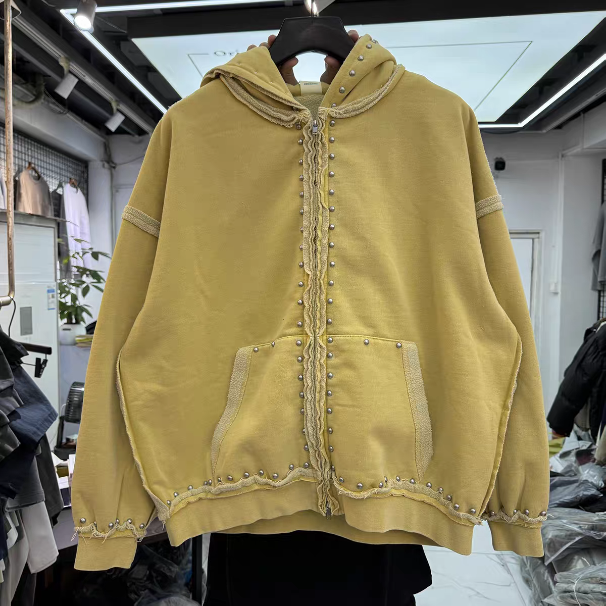 Retro lavado angustiado rebite decoração com capuz masculino feminino de alta qualidade vintage oversized com capuz pulôver