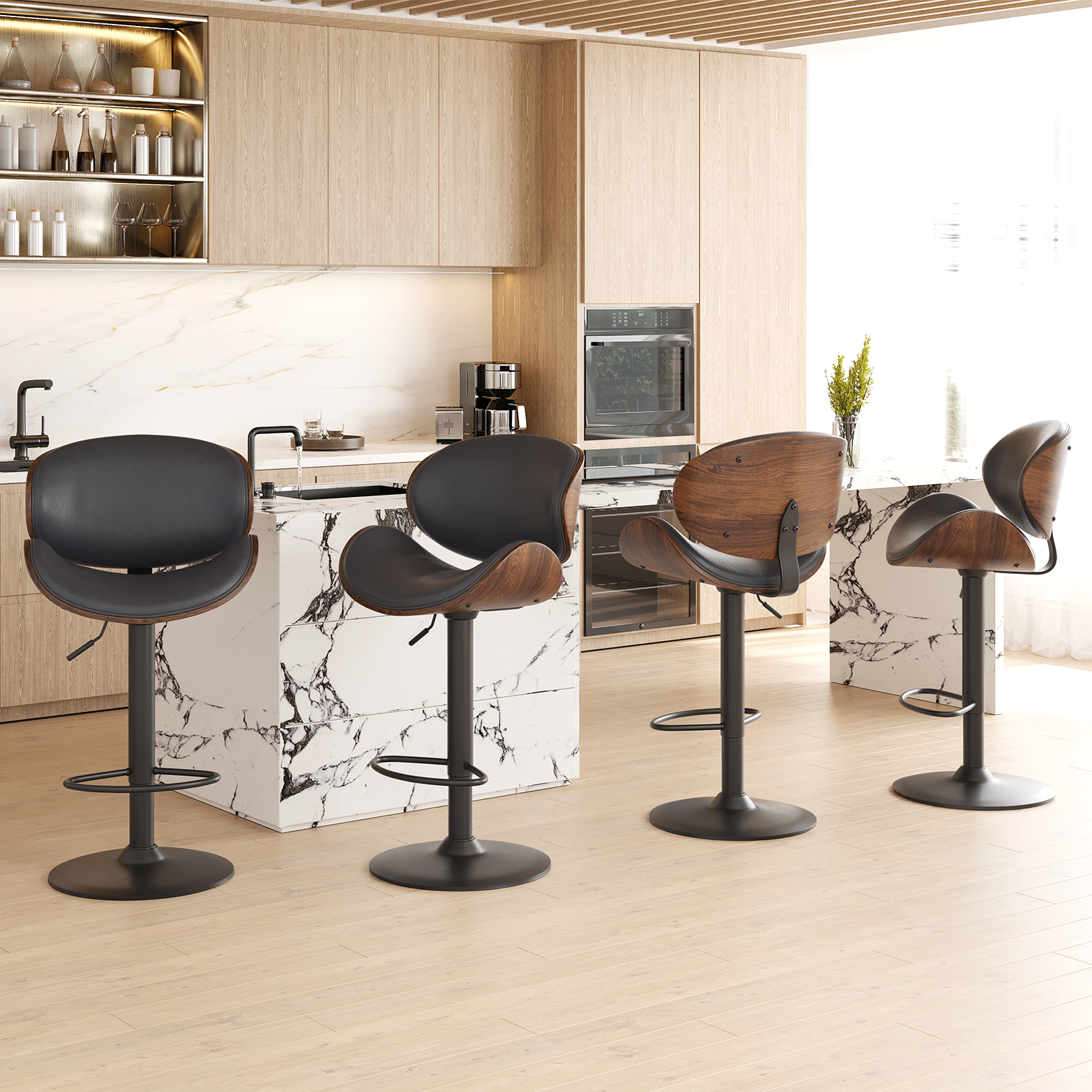 Farini Set of 2 Swivel Bar Stools, Adjustable Height Bentwood Barstools with Backrest & Footrest, Modern Kitchen Counter Chair for Home Bar, Island