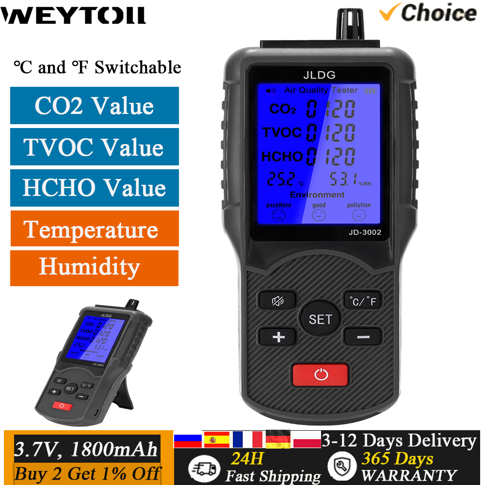 Detector de calidad del aire JD-3002, dispositivo de medición de temperatura y humedad, medidor de CO2, analizador multifuncional de calidad del aire, HCHO, TVOC